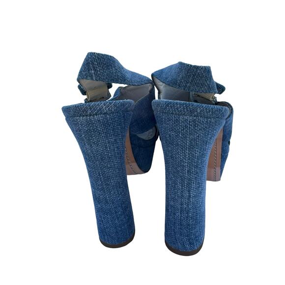 Alice + Olivia Women's Blue Denim Peep Toe Block Heel Ankle Buckle Sandals 38.5 - Picture 4 of 11